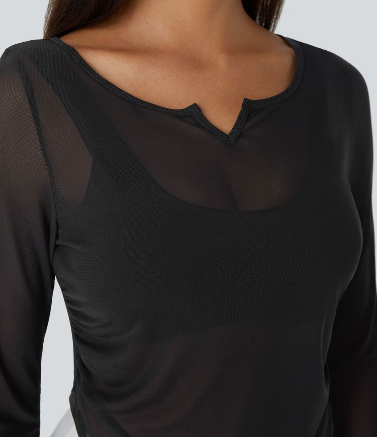 Sheer Mesh V Notch Long Sleeve Ruched Curved Hem Yoga Sports Top