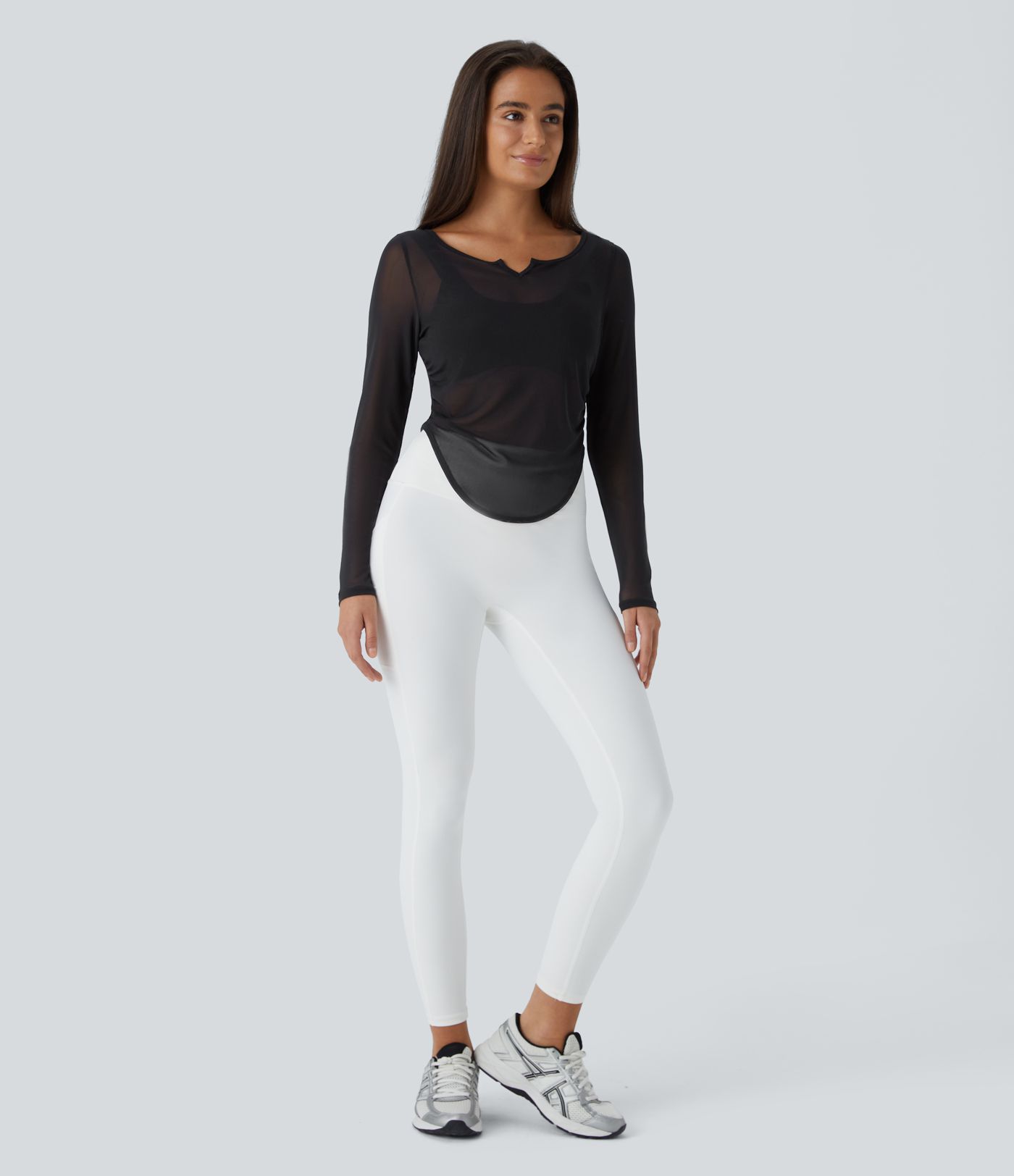 Sheer Mesh V Notch Long Sleeve Ruched Curved Hem Yoga Sports Top