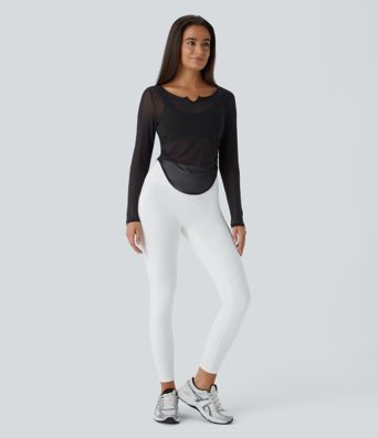 Sheer Mesh V Notch Long Sleeve Ruched Curved Hem Yoga Sports Top