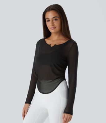 Sheer Mesh V Notch Long Sleeve Ruched Curved Hem Yoga Sports Top
