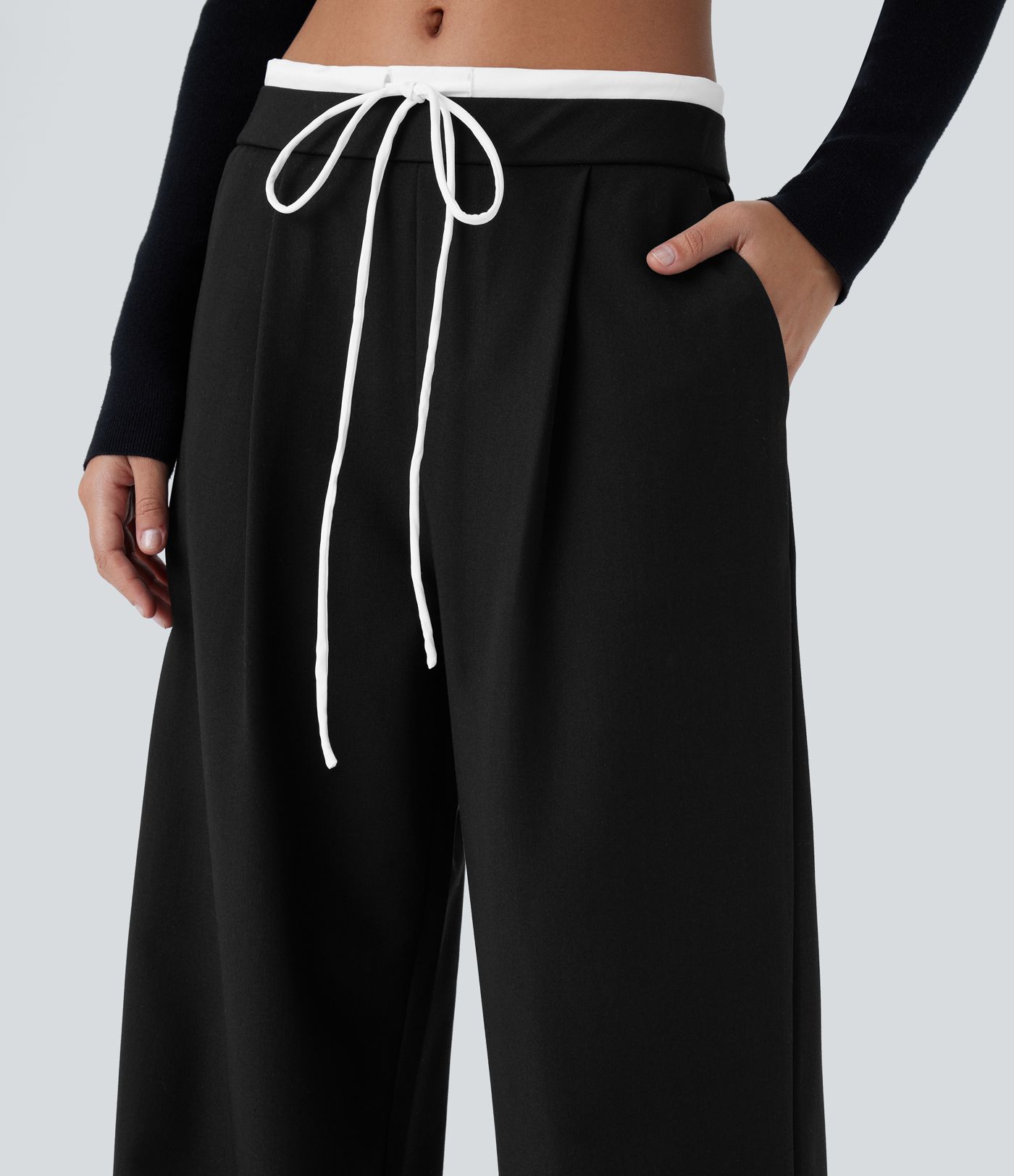 Double-Layer Color Block Low Rise Drawstring Pocket Wide Leg Casual Pants