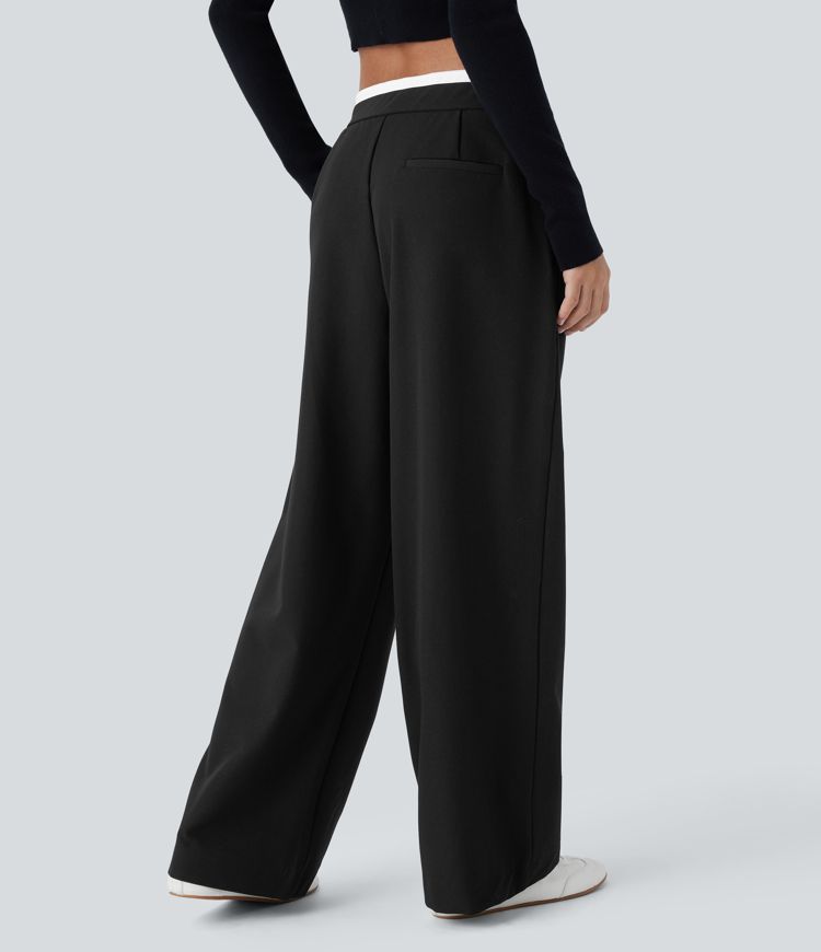 Double-Layer Color Block Low Rise Drawstring Pocket Wide Leg Casual Pants