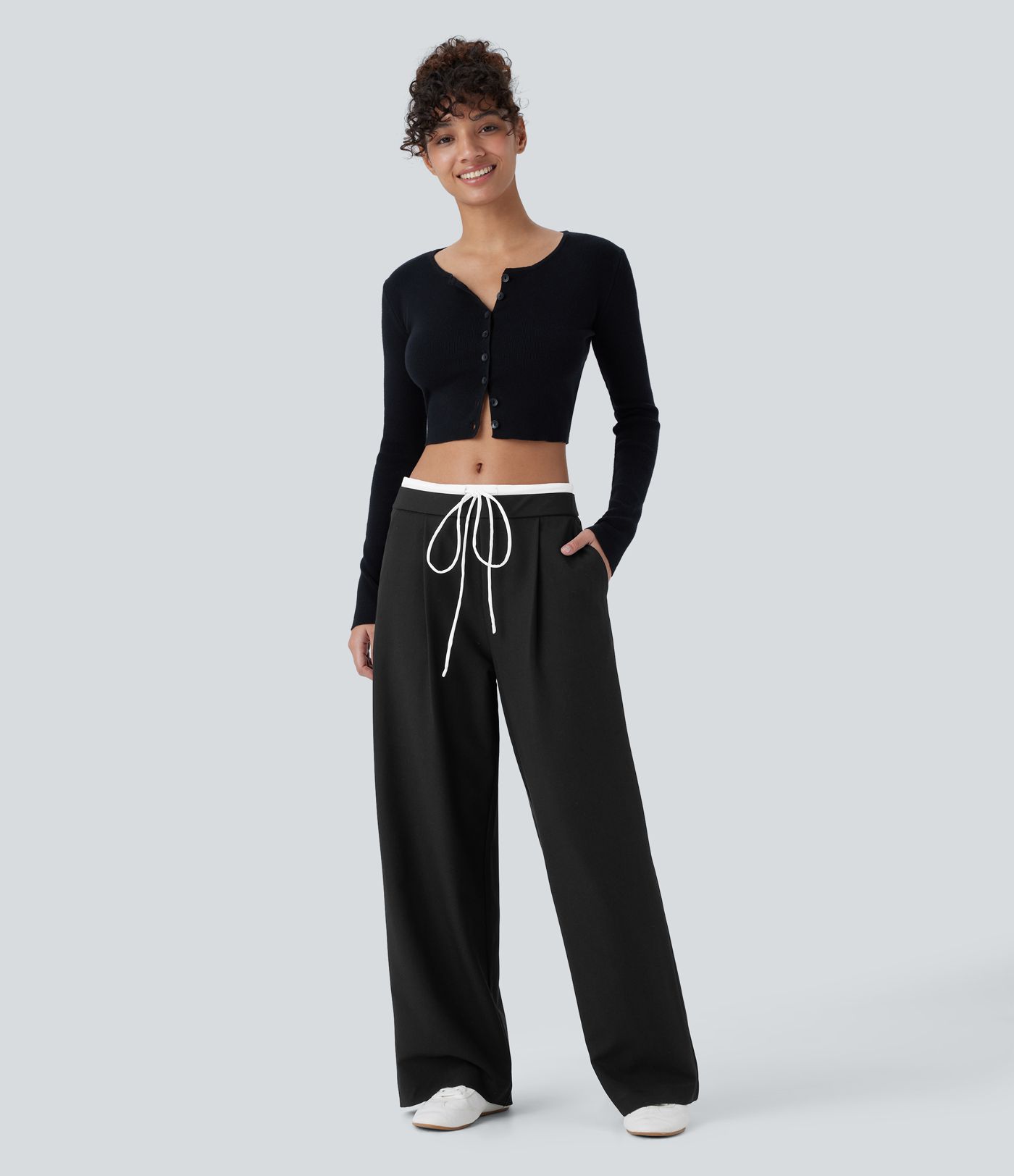 Double-Layer Color Block Low Rise Drawstring Pocket Wide Leg Casual Pants