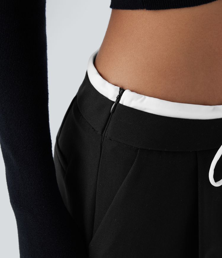 Double-Layer Color Block Low Rise Drawstring Pocket Wide Leg Casual Pants