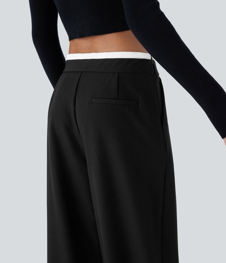 Double-Layer Color Block Low Rise Drawstring Pocket Wide Leg Casual Pants