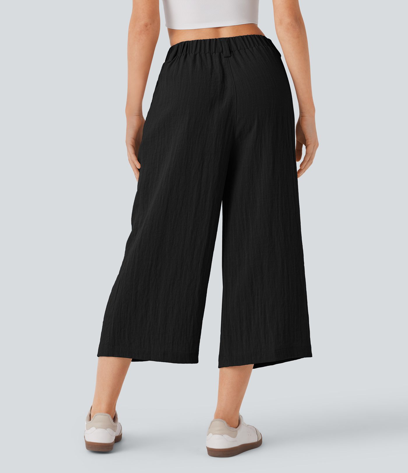 High Waisted Pocket Wide Leg Flowy Solid Palazzo Capri Casual Linen-Feel Pants