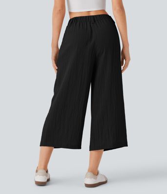 High Waisted Pocket Wide Leg Flowy Solid Palazzo Capri Casual Linen-Feel Pants