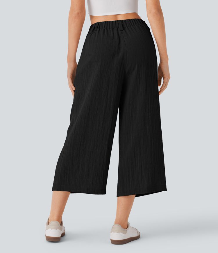 High Waisted Pocket Wide Leg Flowy Solid Palazzo Capri Casual Linen-Feel Pants