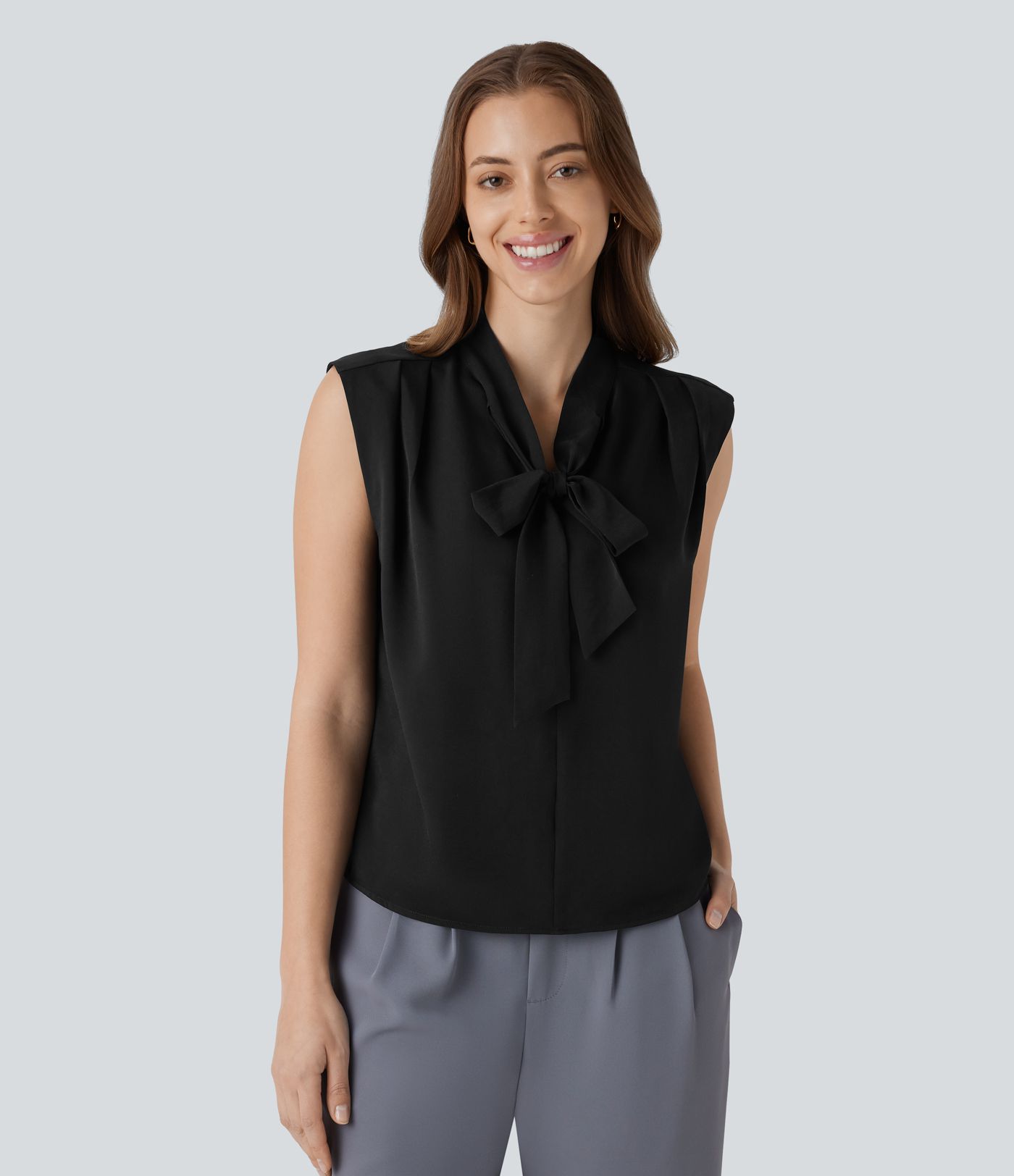 V Neck Tie Front Sleeveless Work Linen-Feel Shirt