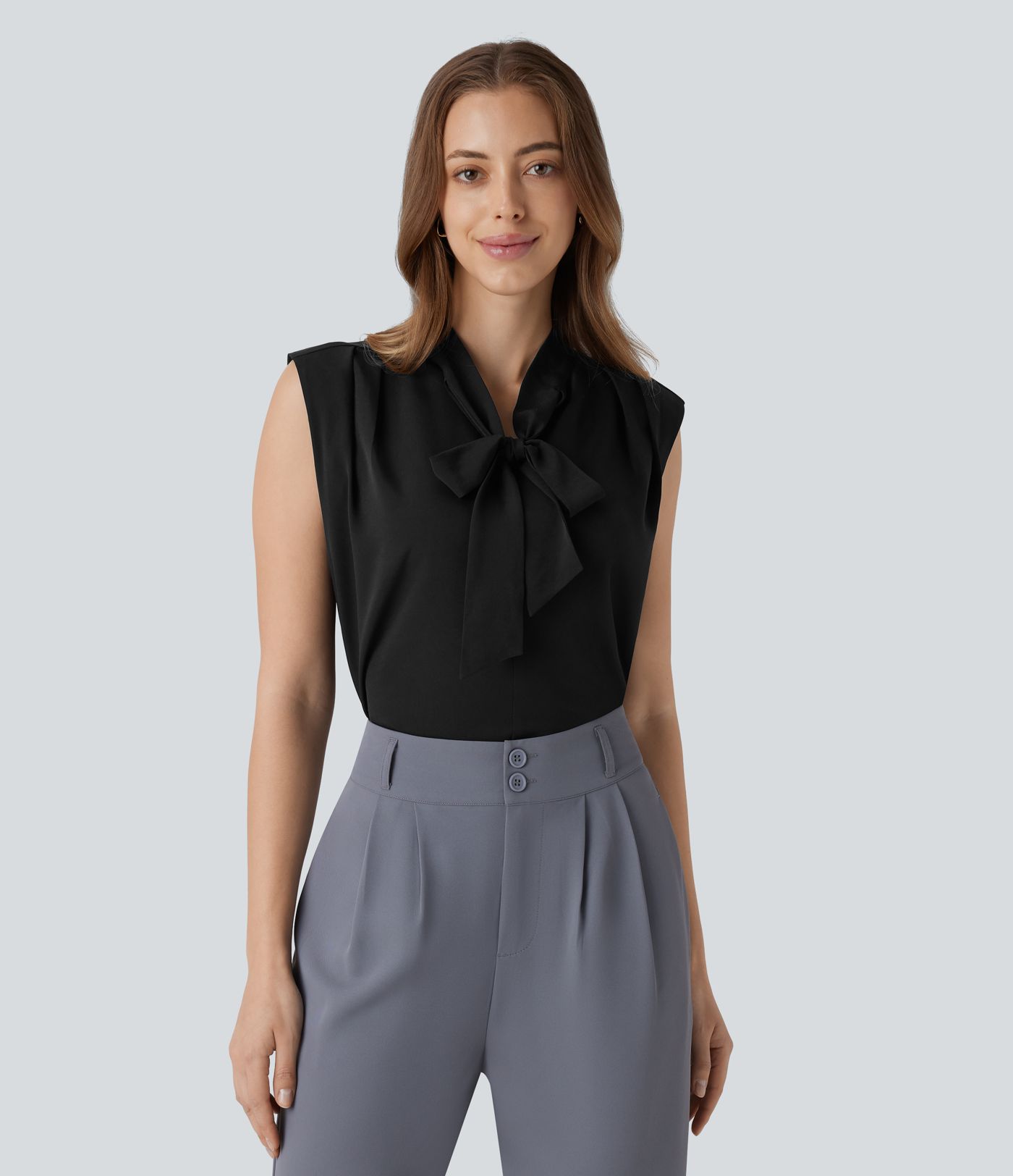 V Neck Tie Front Sleeveless Work Linen-Feel Shirt