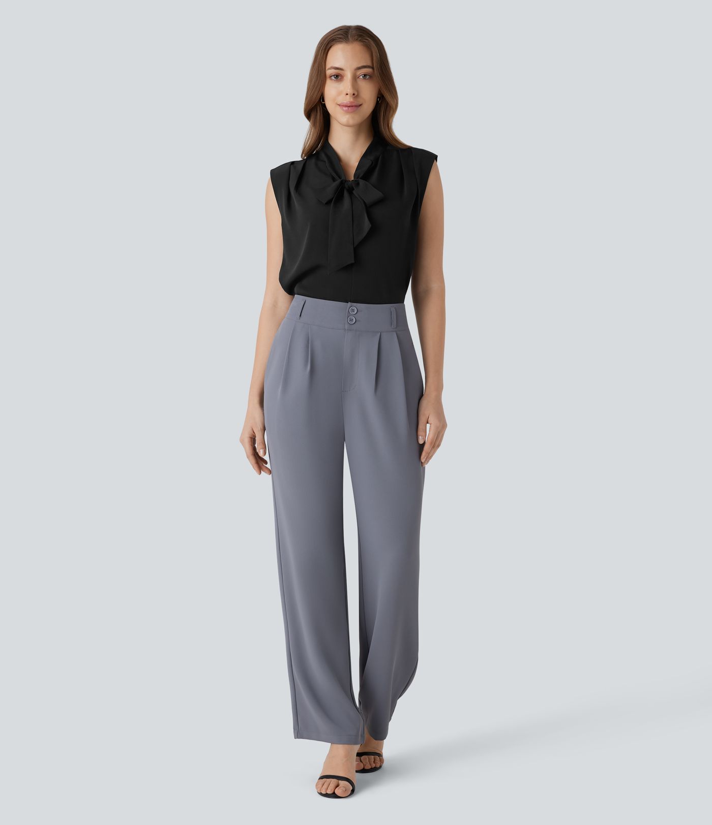 V Neck Tie Front Sleeveless Work Linen-Feel Shirt