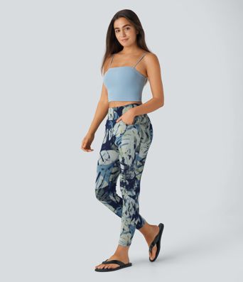 Halara Flex™ Freizeit-Leggings aus elastischem Strick-Denim mit hohem Bund, mehreren Taschen und Blumendruck in 7/8-Länge