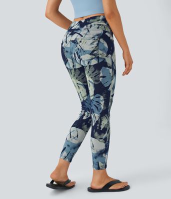 Halara Flex™ Freizeit-Leggings aus elastischem Strick-Denim mit hohem Bund, mehreren Taschen und Blumendruck in 7/8-Länge