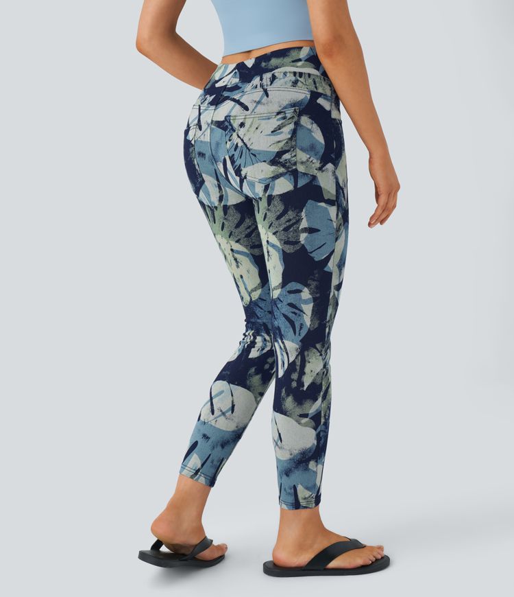 Halara Flex™ Freizeit-Leggings aus elastischem Strick-Denim mit hohem Bund, mehreren Taschen und Blumendruck in 7/8-Länge