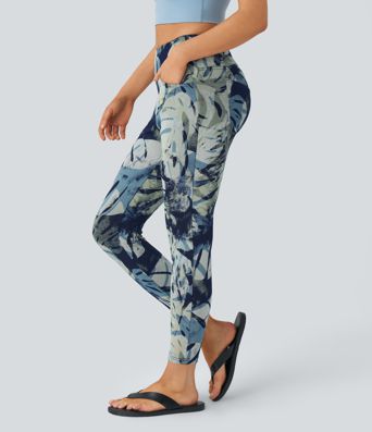 Halara Flex™ Freizeit-Leggings aus elastischem Strick-Denim mit hohem Bund, mehreren Taschen und Blumendruck in 7/8-Länge