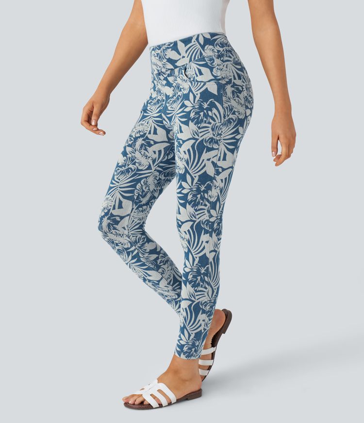 Halara Flex™ Freizeit-Leggings aus elastischem Strick-Denim mit hohem Bund, mehreren Taschen und Blumendruck in 7/8-Länge