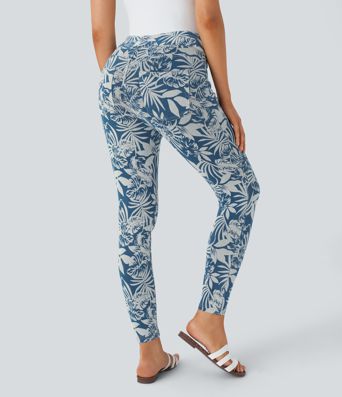 Halara Flex™ Freizeit-Leggings aus elastischem Strick-Denim mit hohem Bund, mehreren Taschen und Blumendruck in 7/8-Länge
