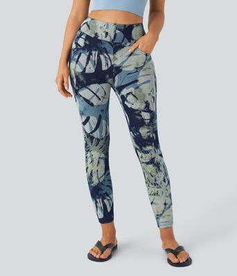 Halara Flex™ Freizeit-Leggings aus elastischem Strick-Denim mit hohem Bund, mehreren Taschen und Blumendruck in 7/8-Länge