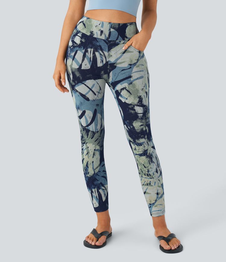 Halara Flex™ Freizeit-Leggings aus elastischem Strick-Denim mit hohem Bund, mehreren Taschen und Blumendruck in 7/8-Länge