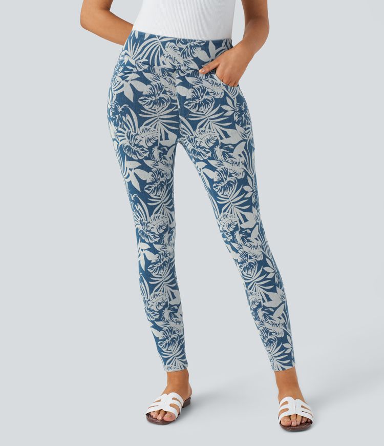 Halara Flex™ Freizeit-Leggings aus elastischem Strick-Denim mit hohem Bund, mehreren Taschen und Blumendruck in 7/8-Länge