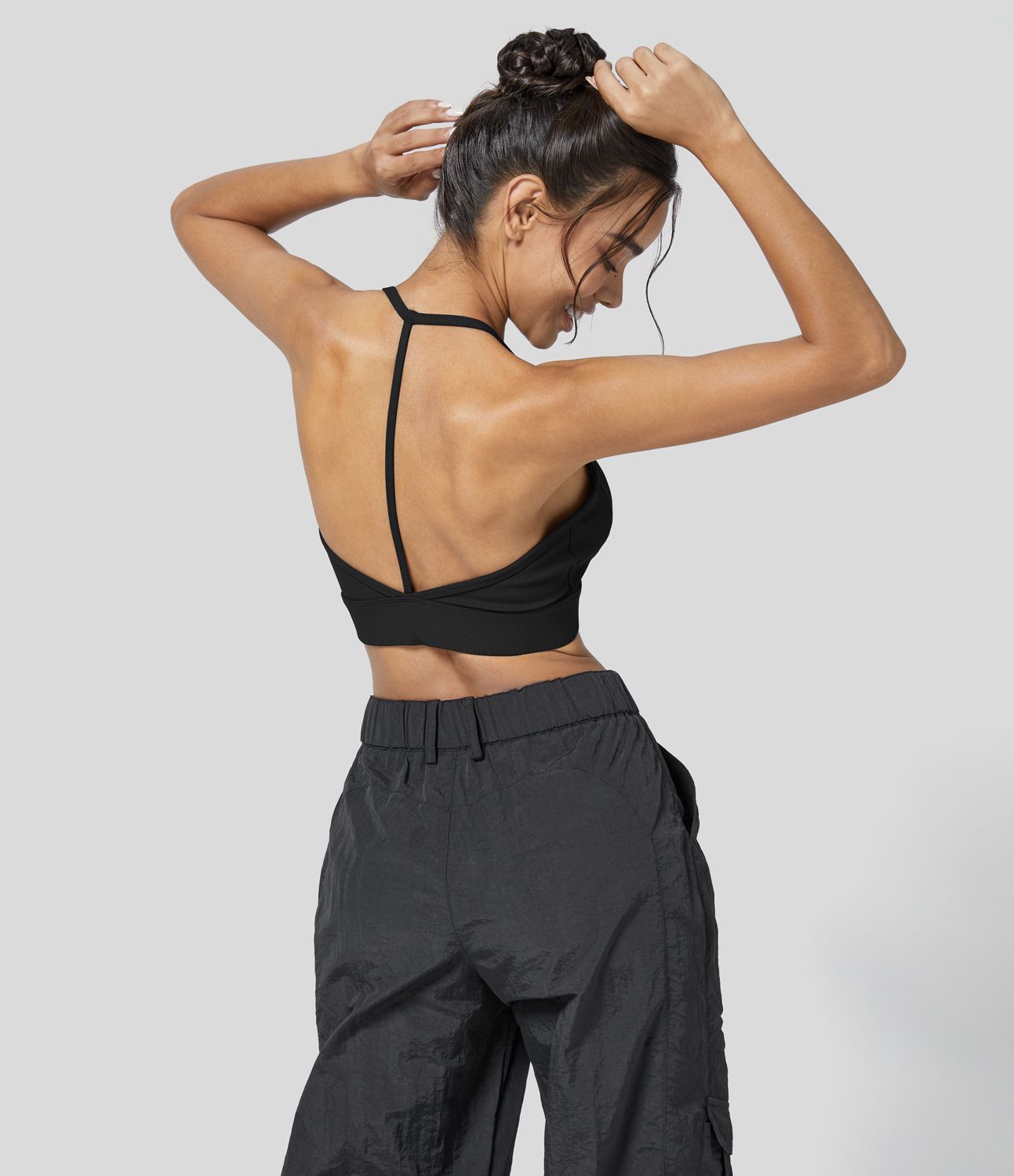 Rib Knit Low Support Halter Backless Solid Cropped Yoga Sports Bra