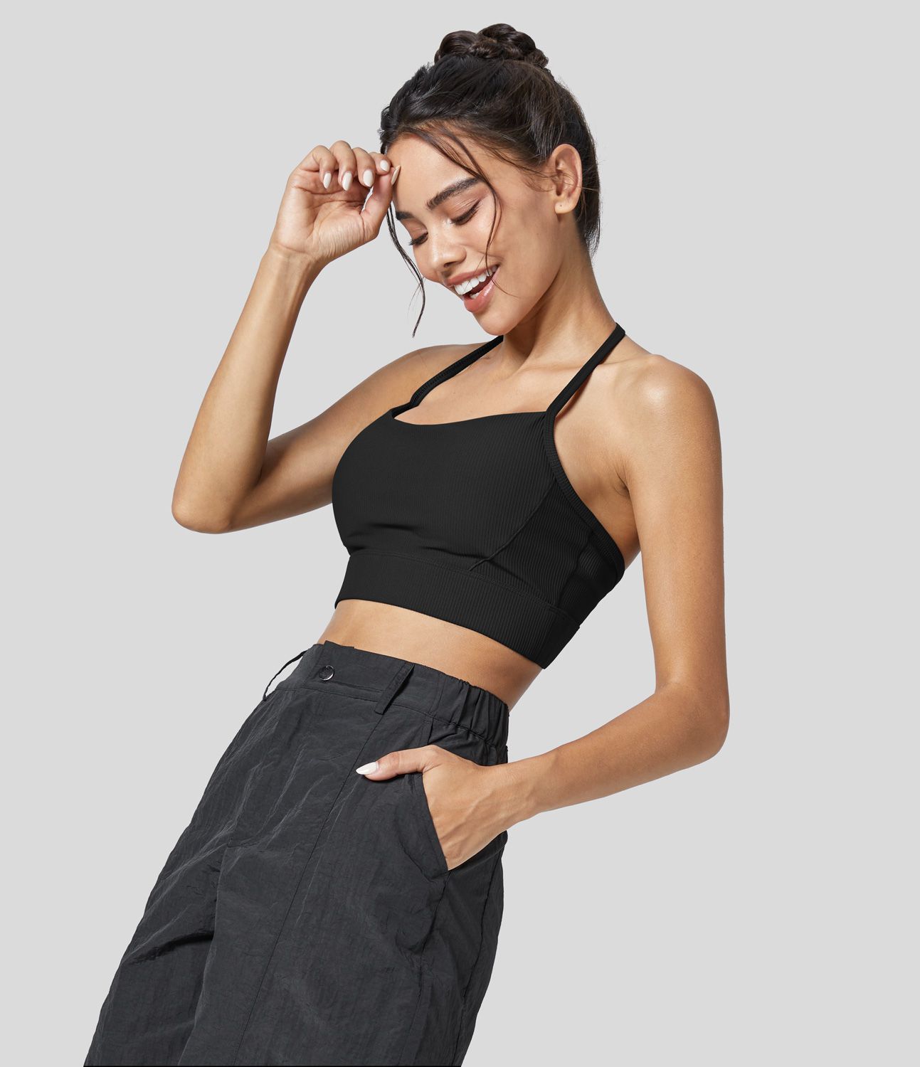 Rib Knit Low Support Halter Backless Solid Cropped Yoga Sports Bra