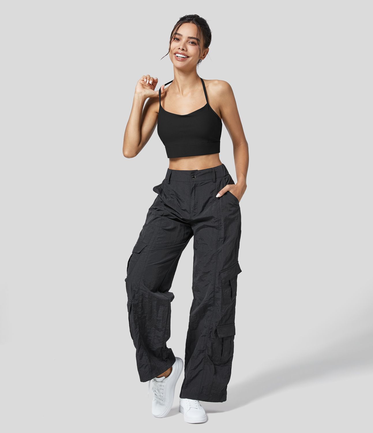 Rib Knit Low Support Halter Backless Solid Cropped Yoga Sports Bra