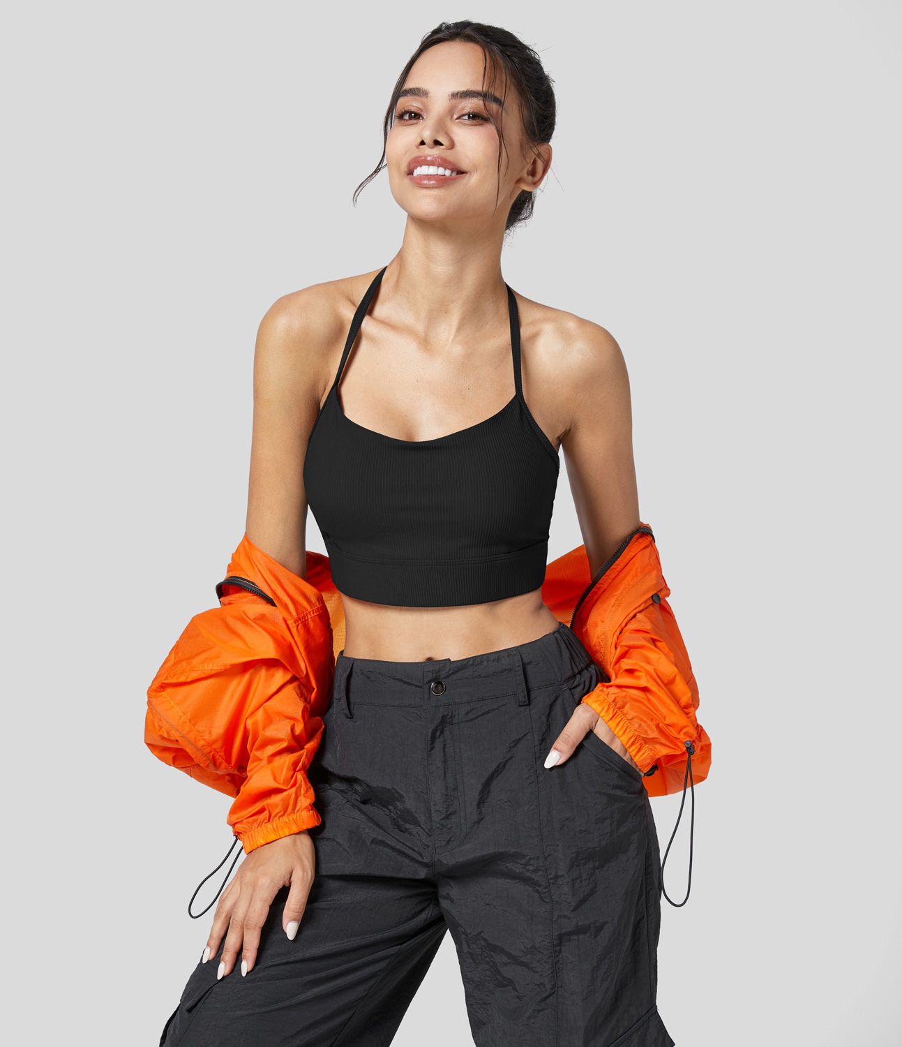 Rib Knit Low Support Halter Backless Solid Cropped Yoga Sports Bra