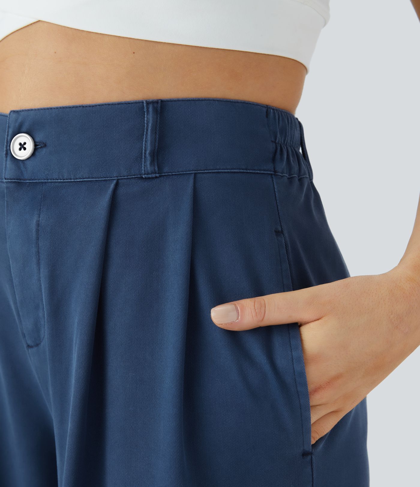 High Waist Button Zipper Side Pocket Split Hem Wide Leg Casual Pants