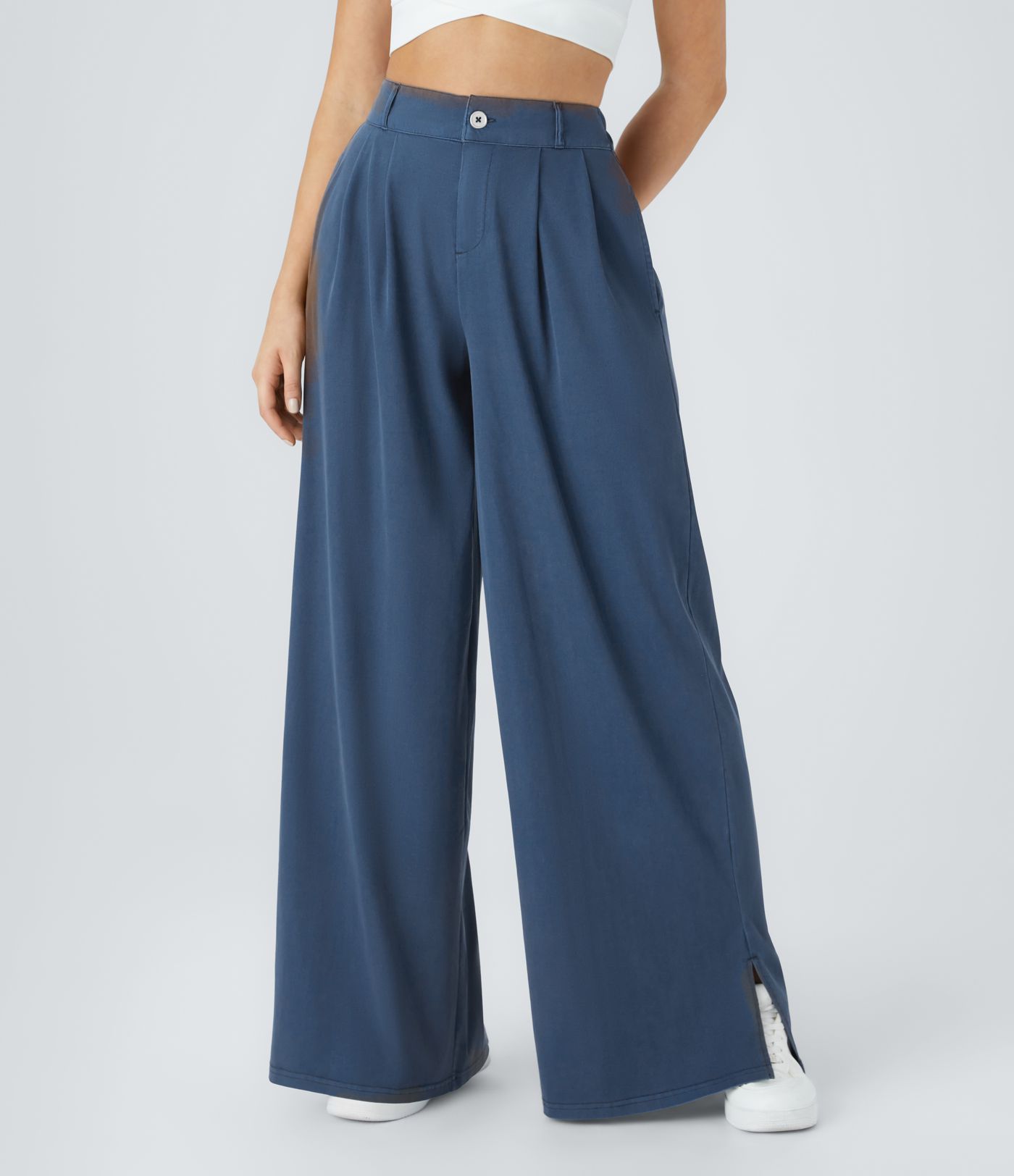 High Waist Button Zipper Side Pocket Split Hem Wide Leg Casual Pants
