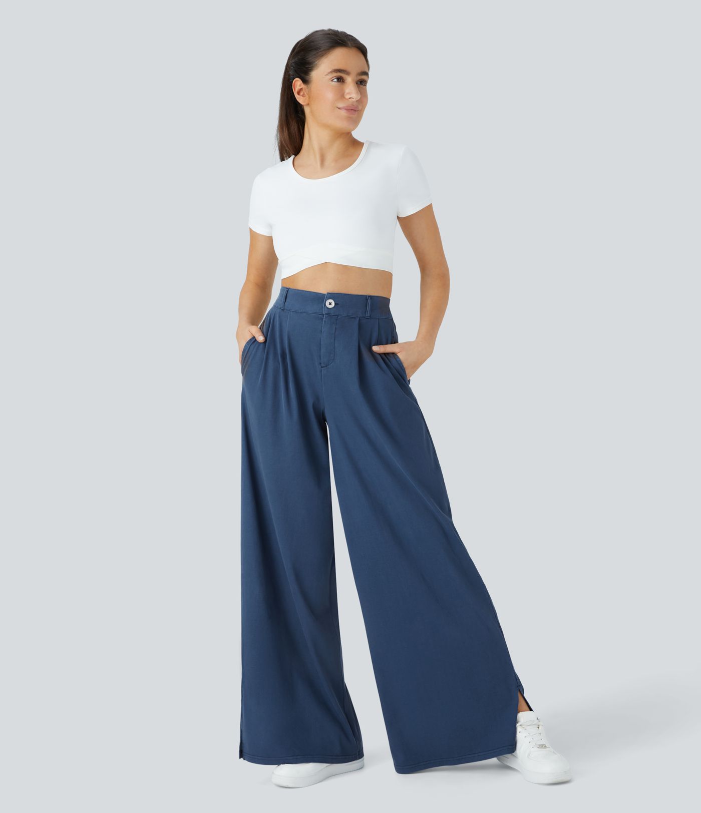 High Waist Button Zipper Side Pocket Split Hem Wide Leg Casual Pants