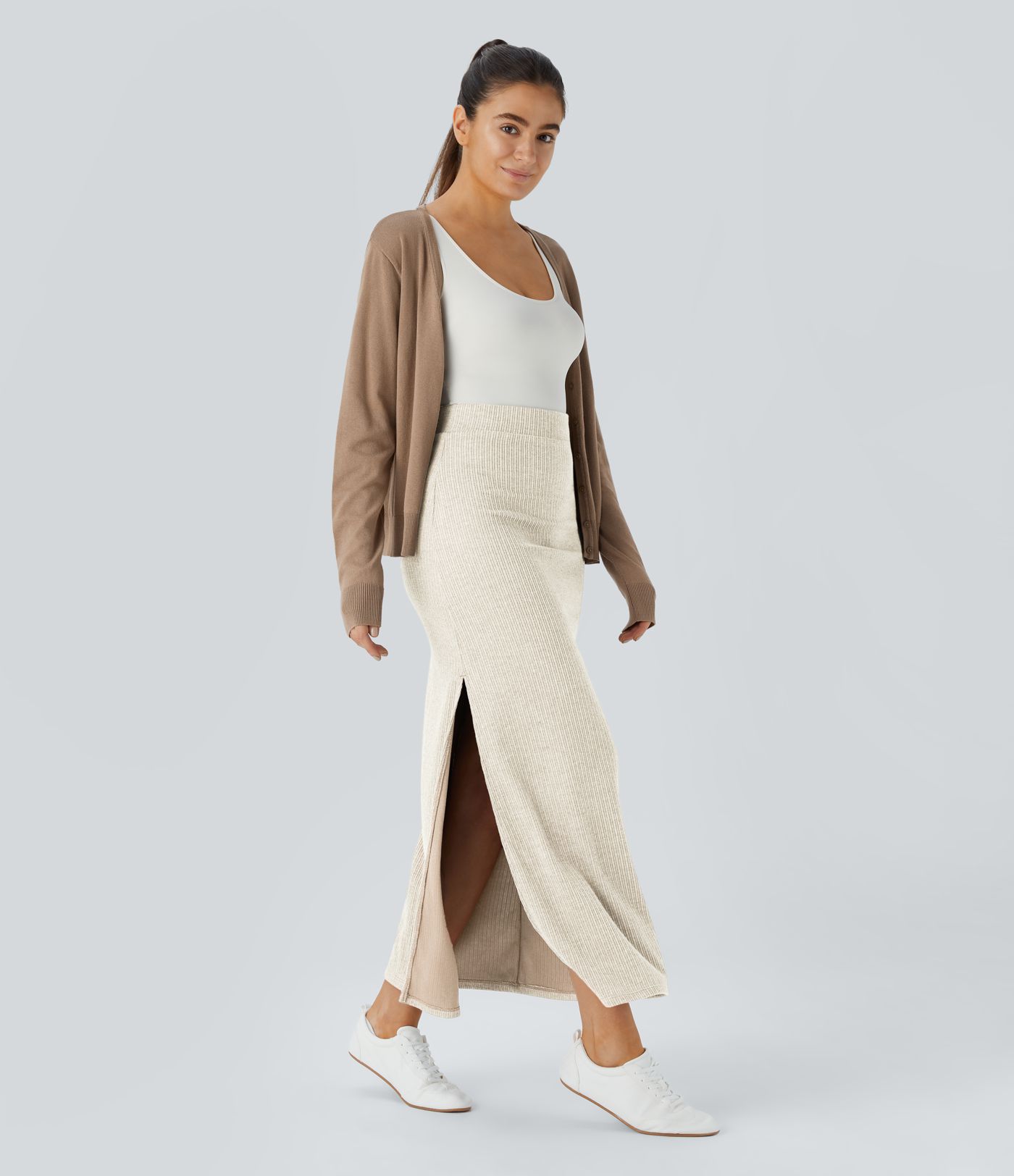 Ribbed High Waisted Hem A Line Women Casual Maxi Skirt