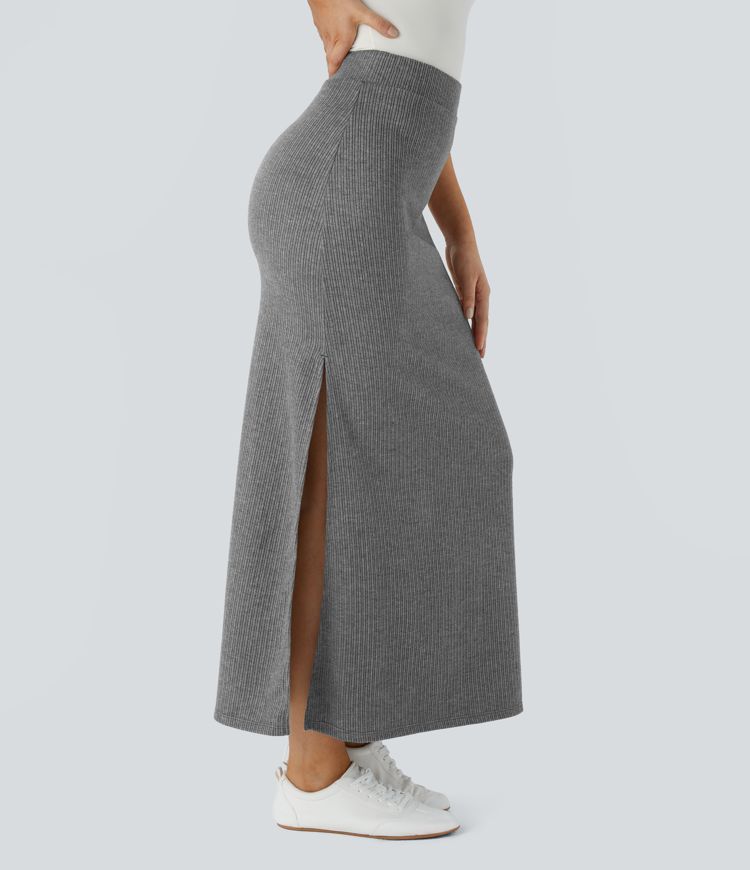 Ribbed High Waisted Split Hem A Line Maxi Casual Skirt