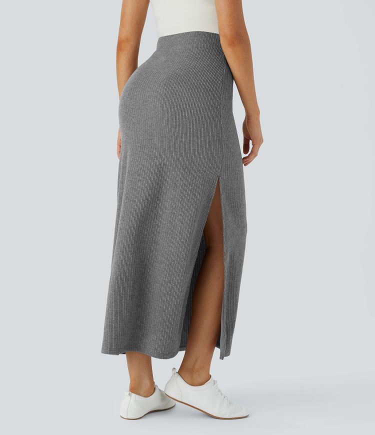 Ribbed High Waisted Split Hem A Line Maxi Casual Skirt