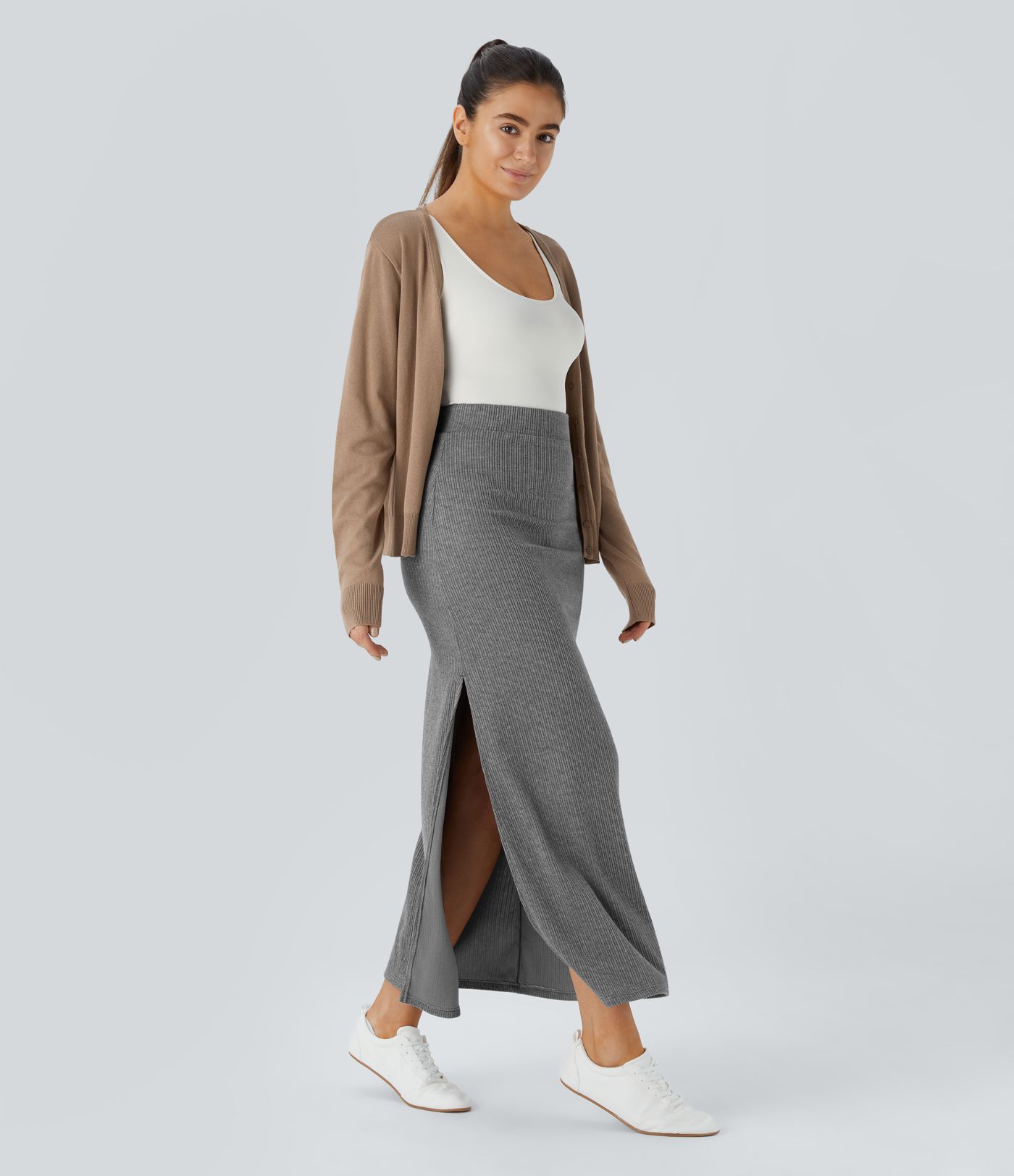Ribbed High Waisted Hem A Line Maxi Casual Skirt