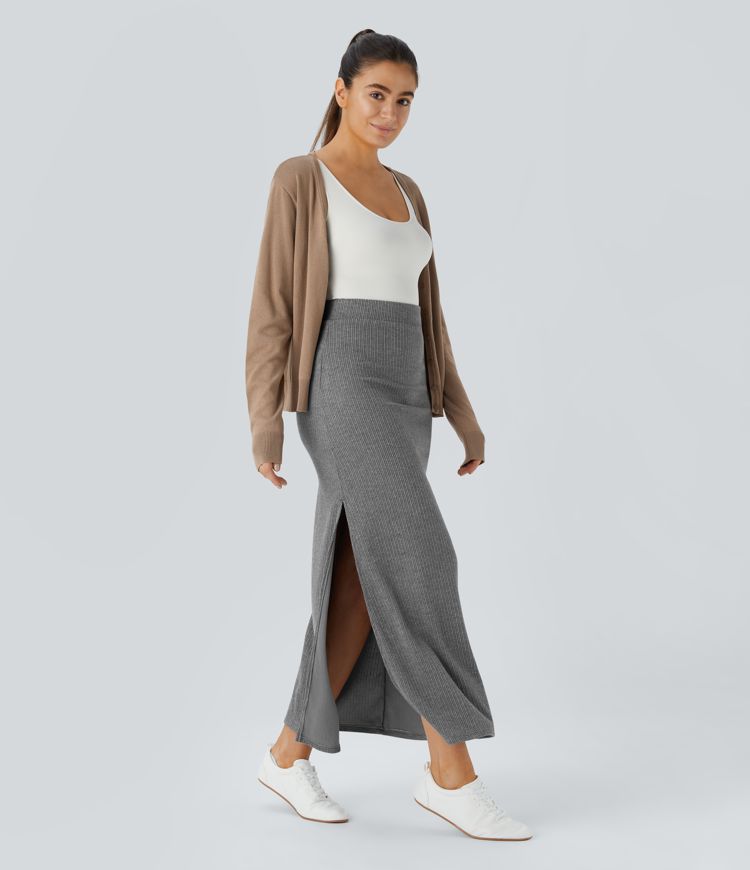 Ribbed High Waisted Hem A Line Maxi Casual Skirt