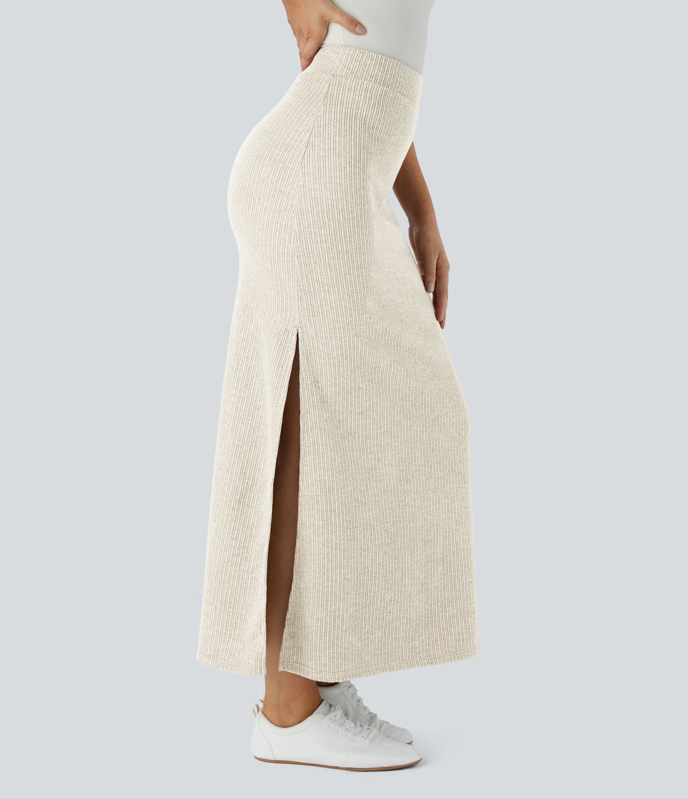 Ribbed High Waisted Hem A Line Women Casual Maxi Skirt