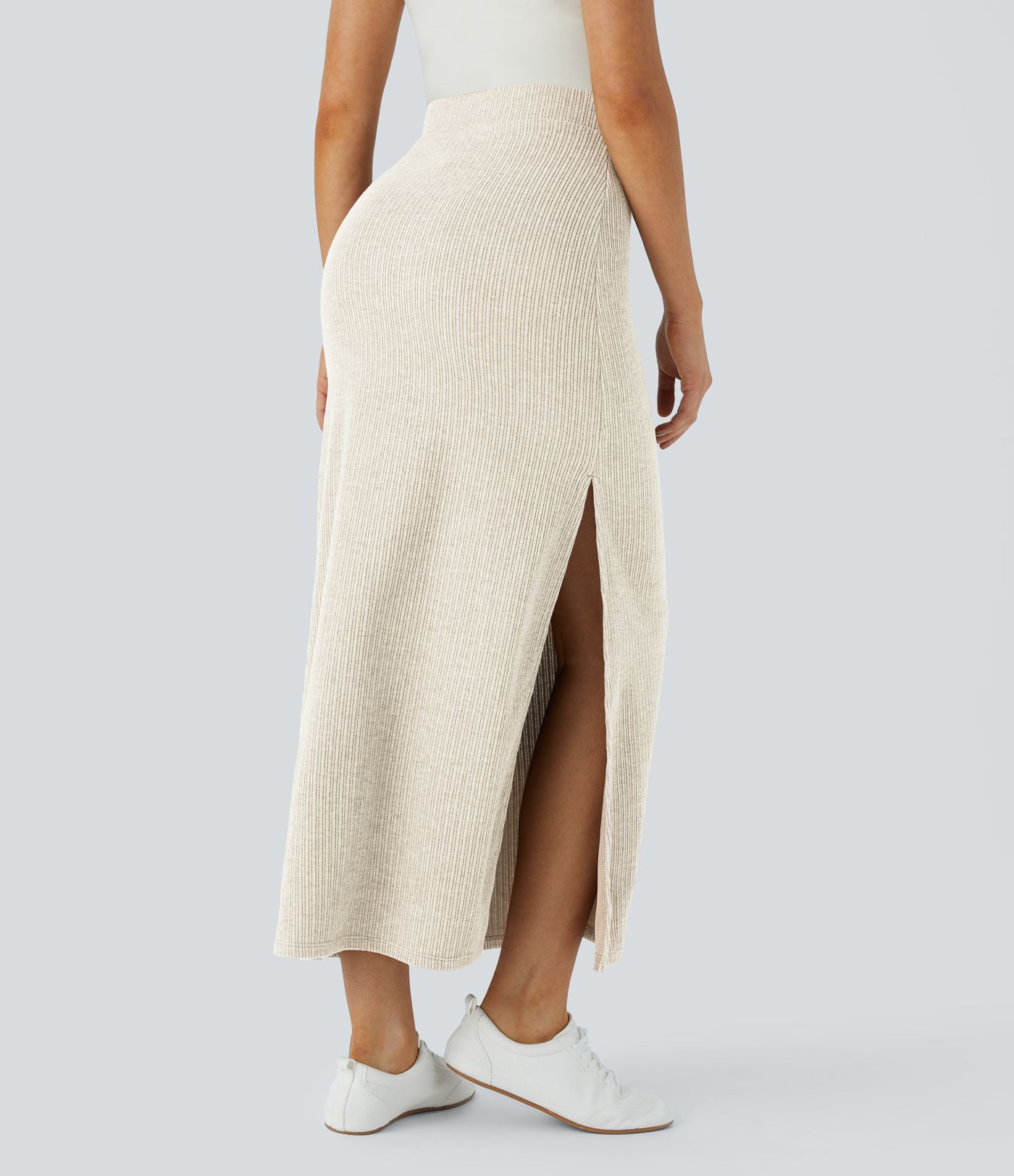 Ribbed High Waisted Hem A Line Women Casual Maxi Skirt