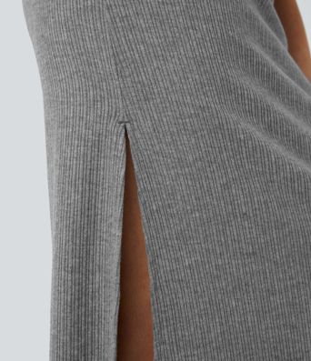 Ribbed High Waisted Hem A Line Maxi Casual Skirt