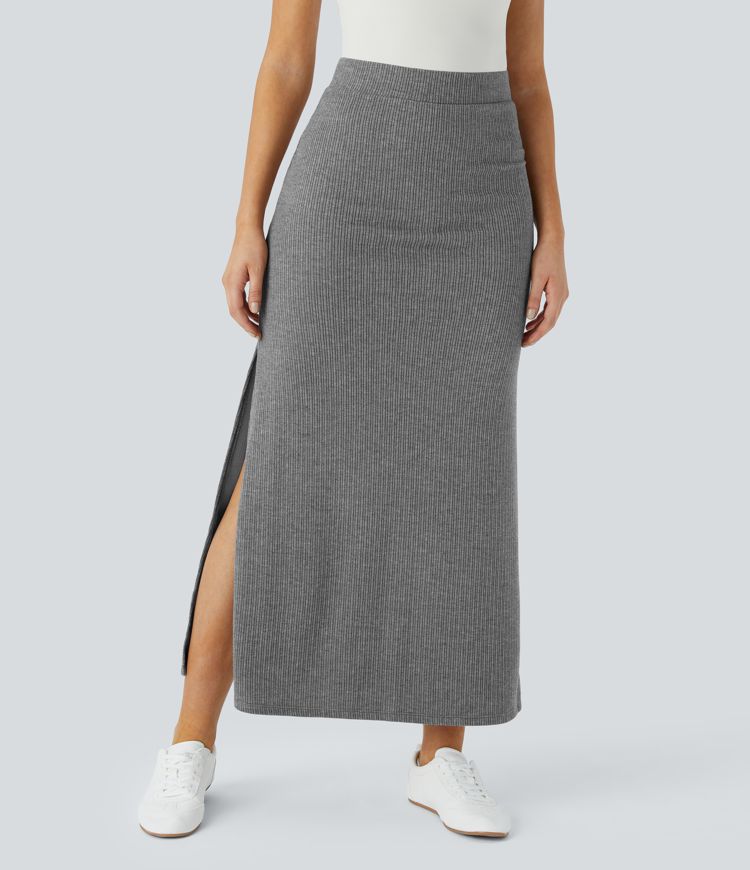 Ribbed High Waisted Hem A Line Maxi Casual Skirt
