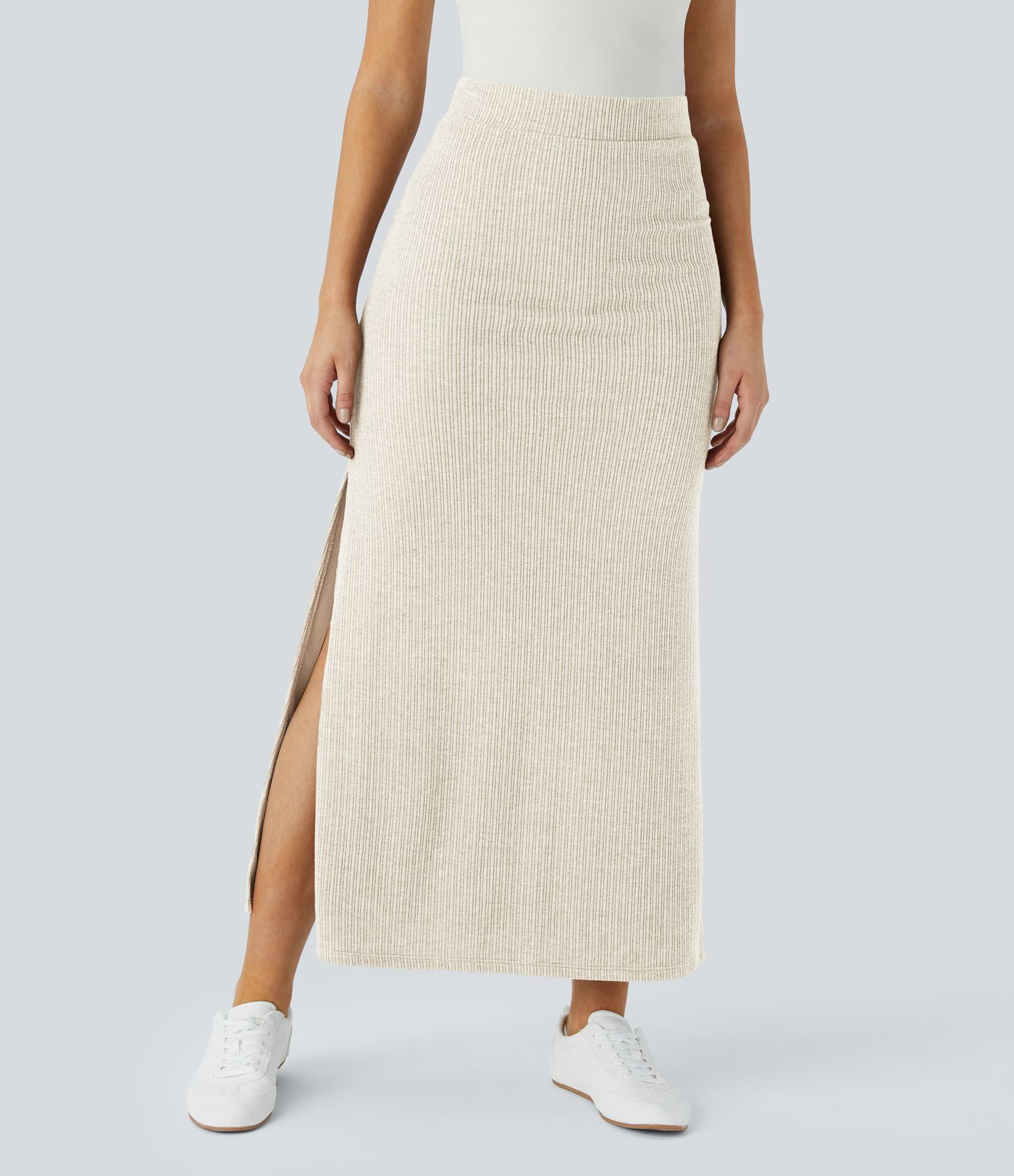 Ribbed High Waisted Hem A Line Women Casual Maxi Skirt
