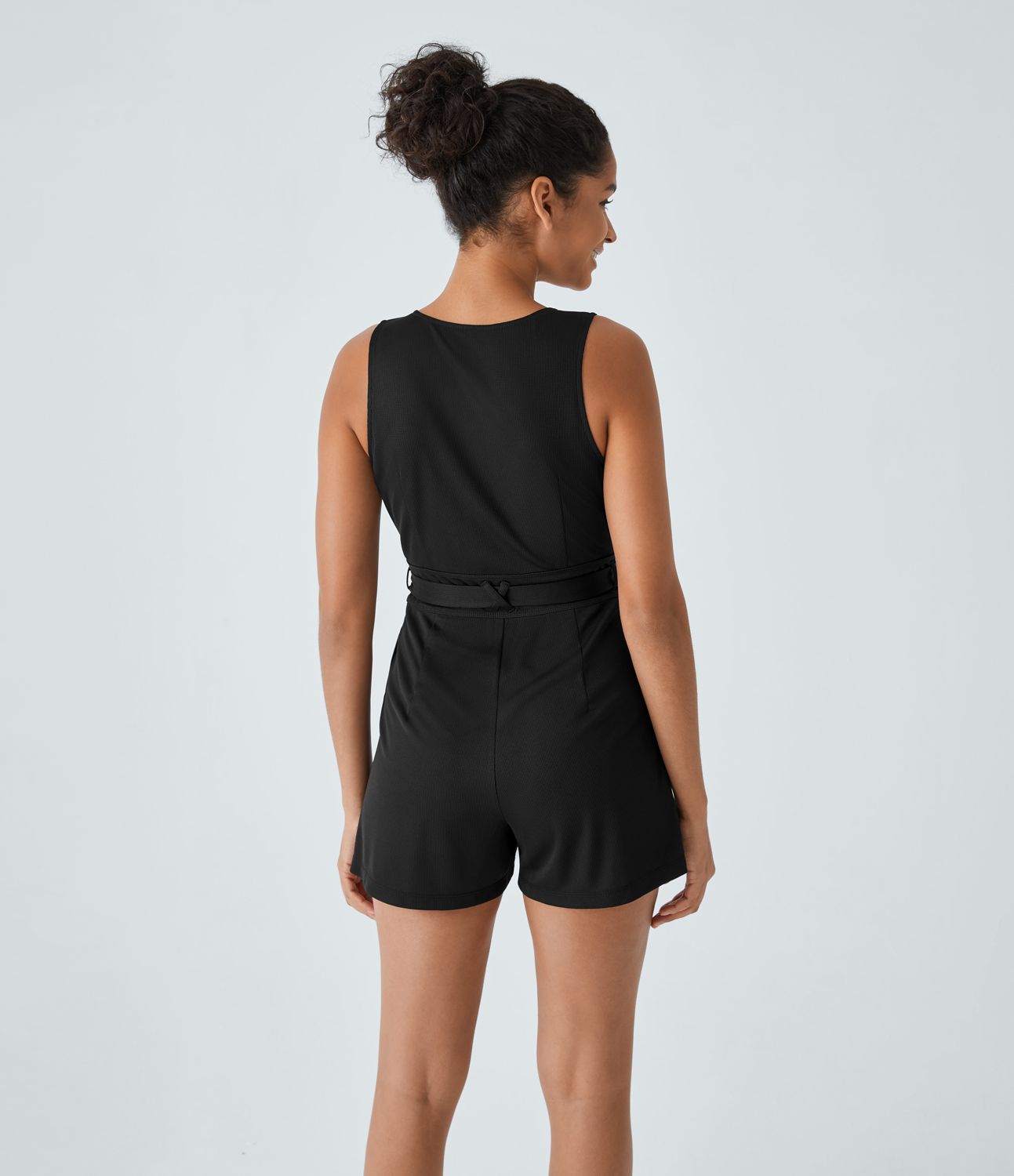 V-neck invisible zipper belt side pockets waffle casual jumpsuit