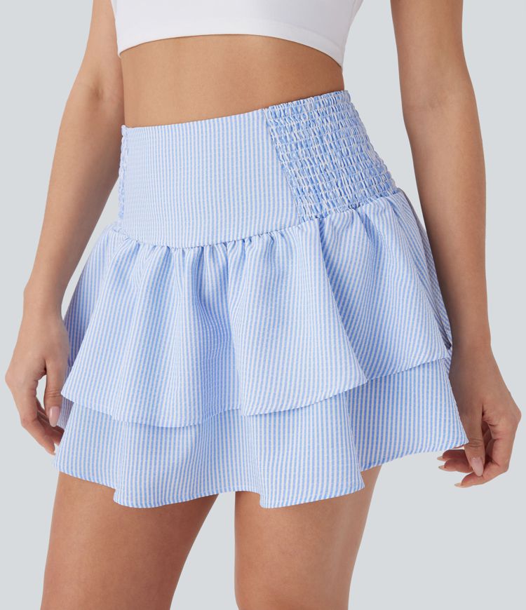 High Waisted Tie Back Shirred Tiered Mini Casual Skirt