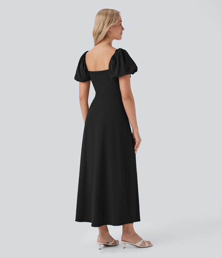 スクエアネック パフスリーブ ギャザーミディドレス