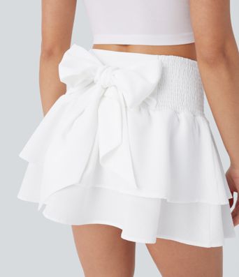High Waisted Tie Back Shirred Tiered Mini Casual Skirt
