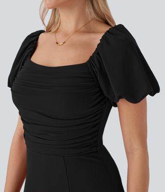 スクエアネック パフスリーブ ギャザーミディドレス