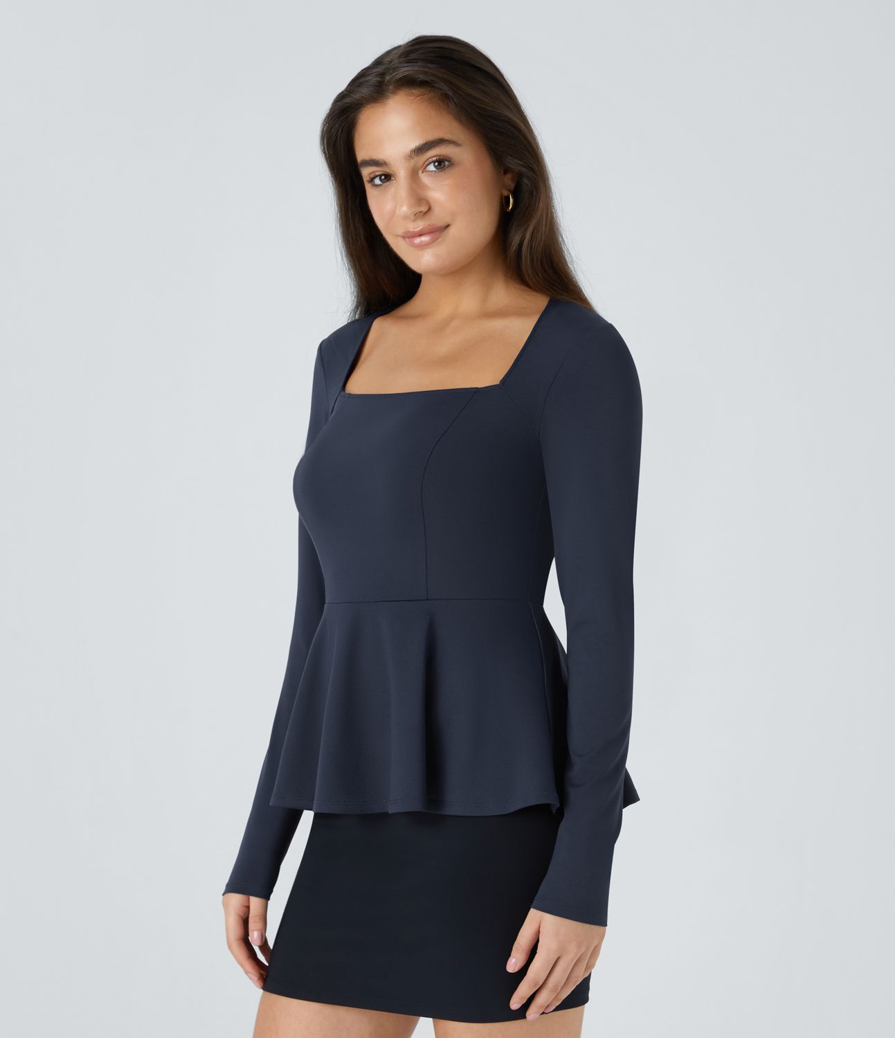 Square neck long sleeve ruffle hem work look top