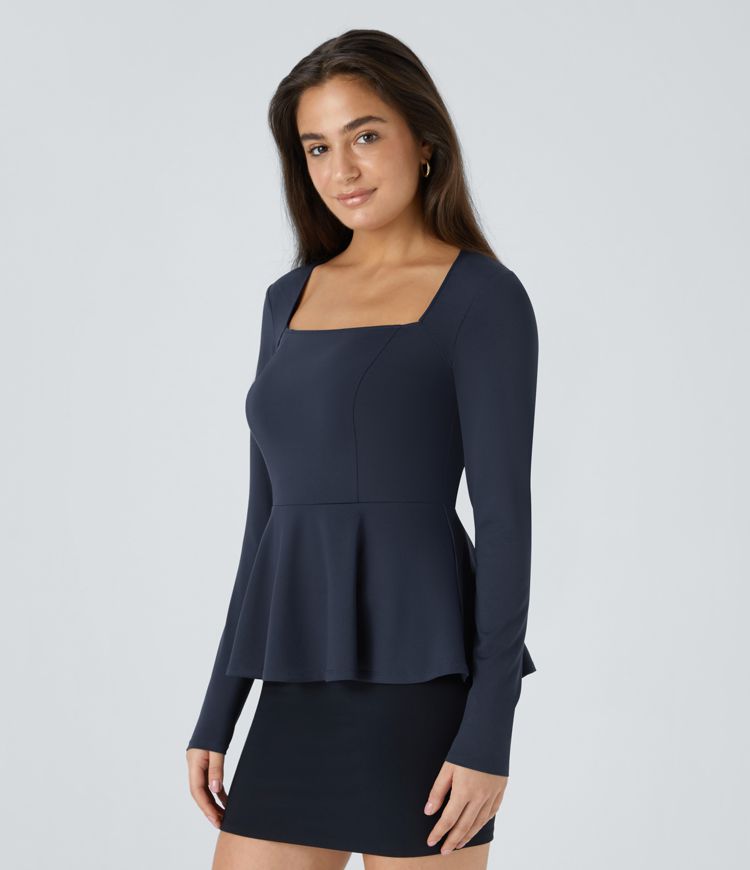 Square neck long sleeve ruffle hem work look top