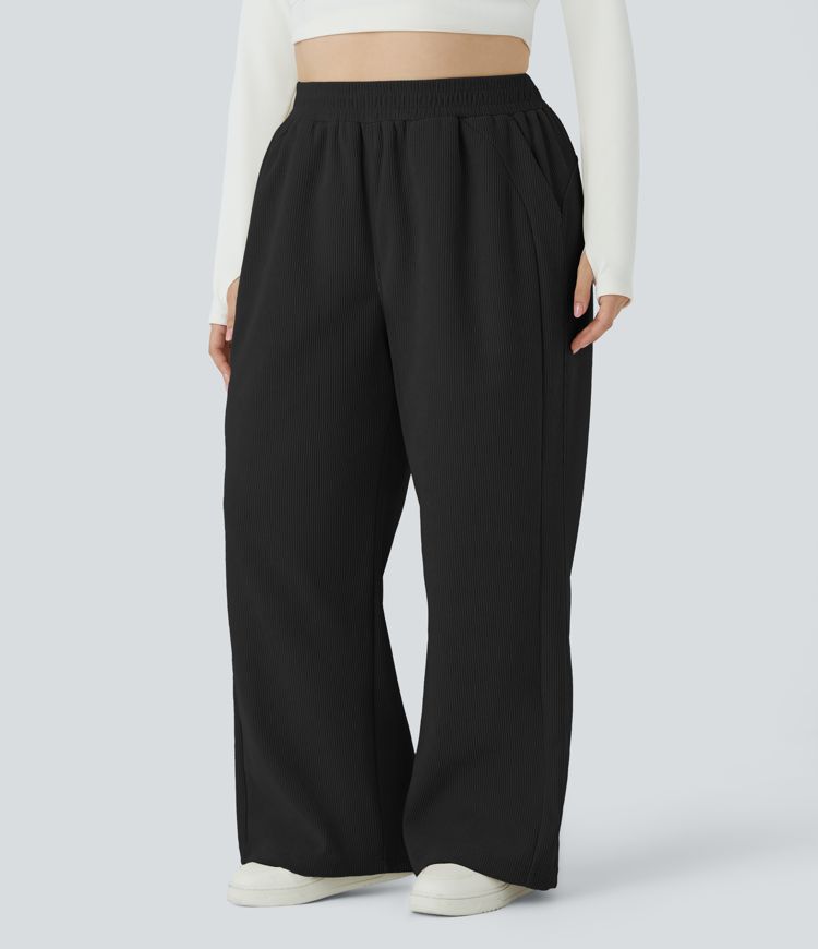 High Waisted Side Pocket Straight Leg Mop Corduroy Casual Plus Size Pants