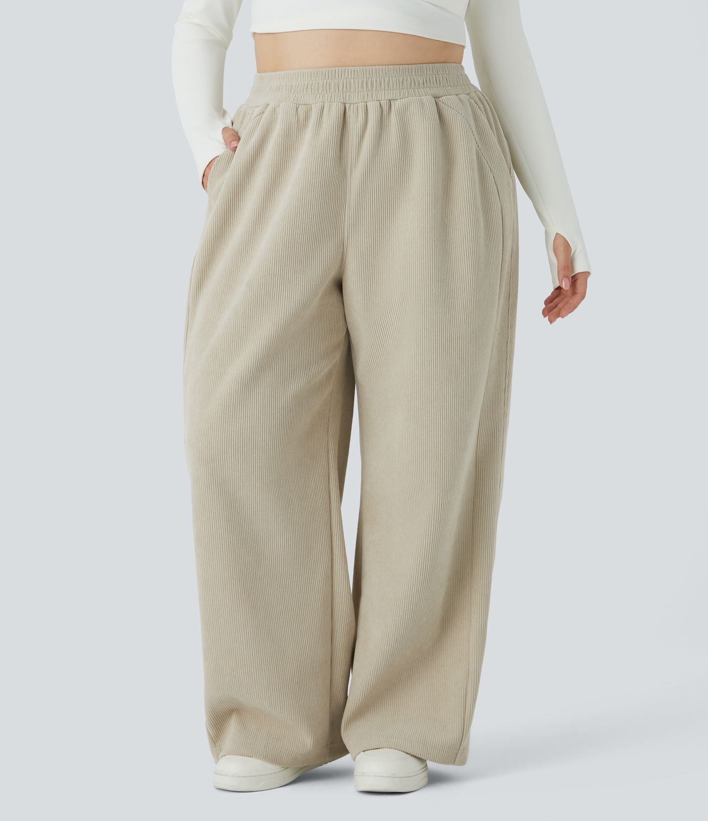 High Waisted Pocket Straight Leg Mop Corduroy Casual Plus Size Pants